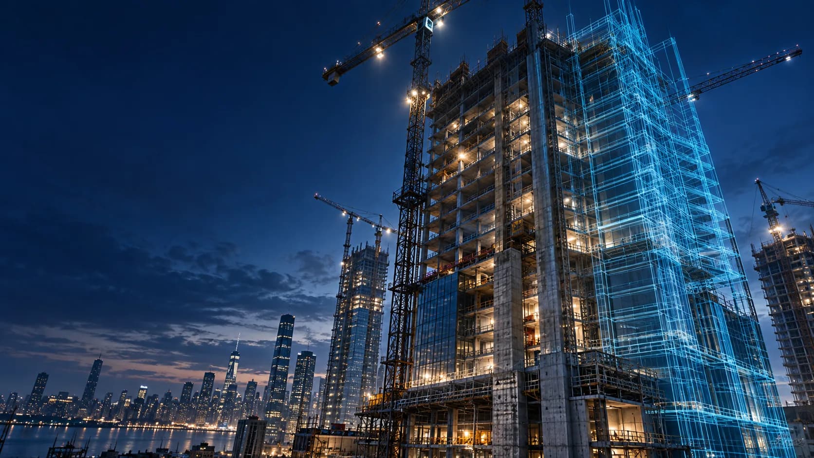 A construction project at blue hour with its digital BIM twin revealed in electric blue