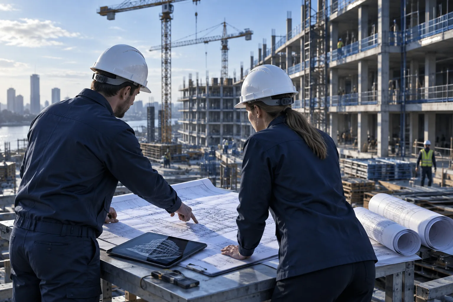 Construction planners reviewing drawings and a tablet on site